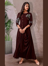 Rayon Embroidery Kurti Design In Brown